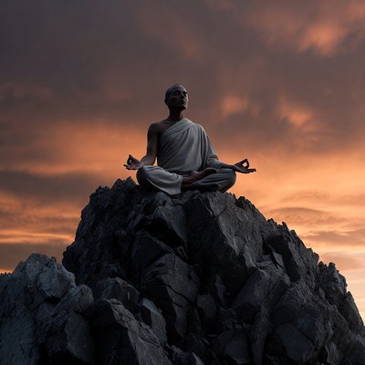 Man meditating on mountain peak