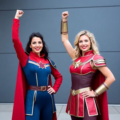 Two women posing as Captain Marvel
