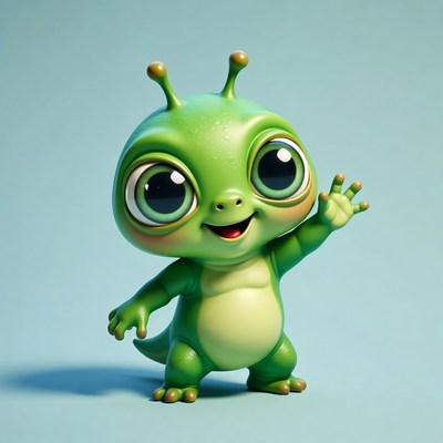 Cute green alien waving