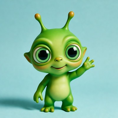 Cute green alien waving