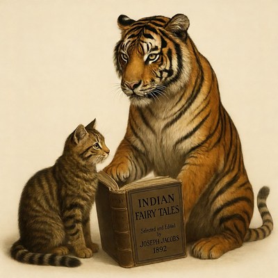 Tiger and kitten reading Indian fairy tales book