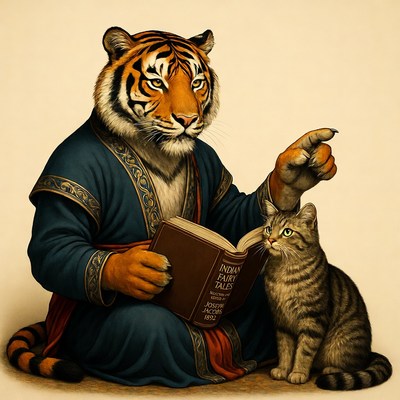 Anthropomorphic tiger reading Indian fairy tales