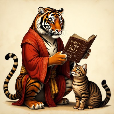 Anthropomorphic tiger reading to kitten