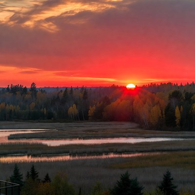 Sunset over autumn marsh and forest