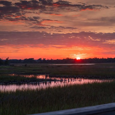 Sunset over marsh with wooden boardwalk