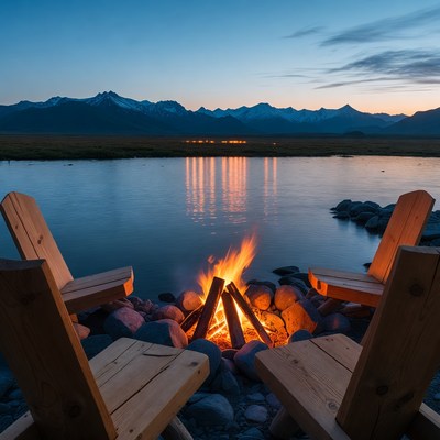 Campfire Between Adirondack Chairs by Lake