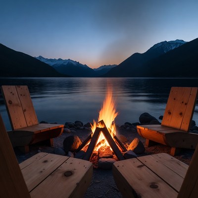 Campfire by lake with mountains