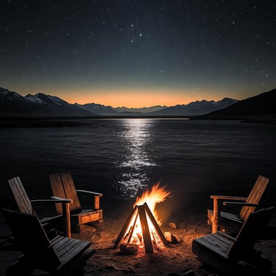 Campfire by lake under starry mountains