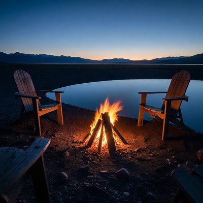 Campfire Between Adirondack Chairs by Lake