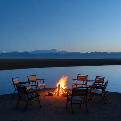 Campfire with chairs on beach at night