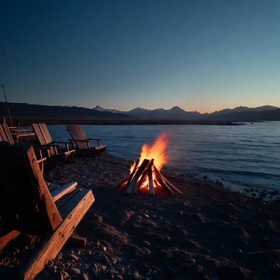 Campfire on lakeside beach at dusk