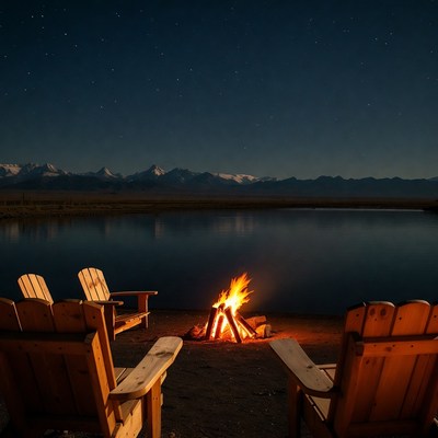 Campfire and Adirondack Chairs by Mountain Lake