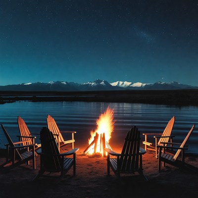 Campfire chairs by snowy mountains lake