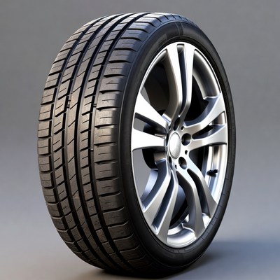 Black tire on silver alloy wheel