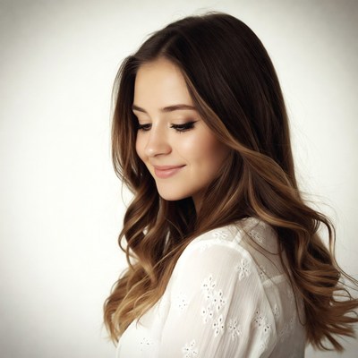 Smiling woman with long wavy brown hair