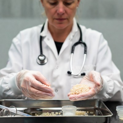 Doctor holding white beads in gloved hands