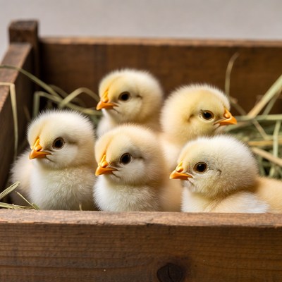Baby Chickens in Wooden Crate