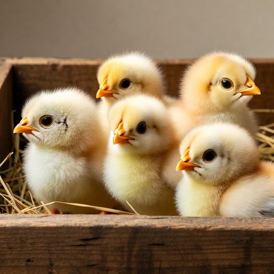 Cute baby chicks in wooden box