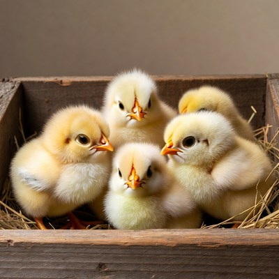 Five fluffy chicks in wooden crate
