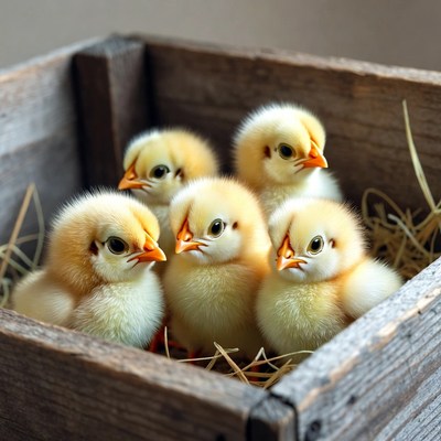 Cute yellow chicks in wooden crate