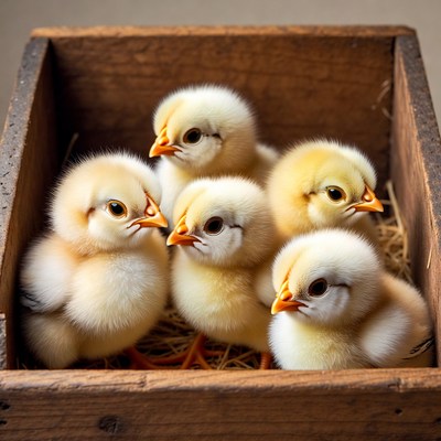 Baby chicks in wooden box