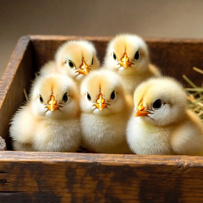Five fluffy chicks in wooden box