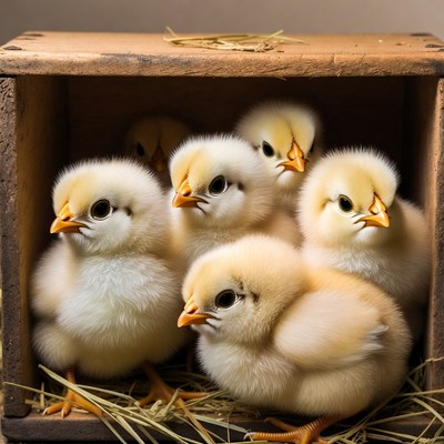 Baby chicks in wooden crate