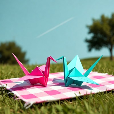 Pink and Blue Origami Cranes on Picnic Blanket