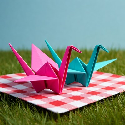 Pink and Teal Origami Cranes on Picnic Blanket