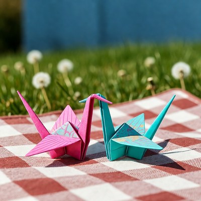 Pink and Blue Origami Cranes on Picnic Blanket