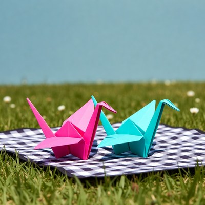 Pink and Blue Origami Cranes on Picnic Blanket
