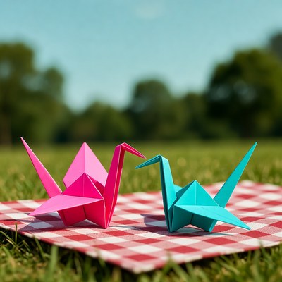 Pink and Blue Origami Cranes on Picnic Blanket