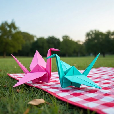 Pink and Blue Origami Cranes on Picnic Blanket