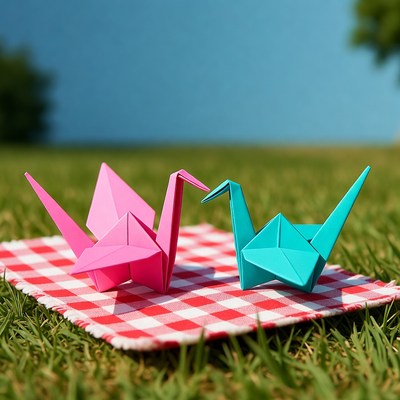 Pink and Blue Origami Cranes on Picnic Blanket