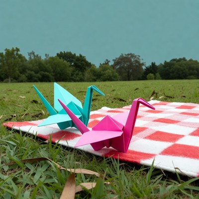 Blue and Pink Origami Cranes on Picnic Blanket