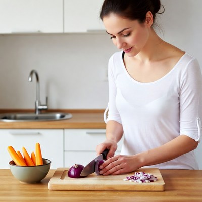 Woman chopping onion in kitchen