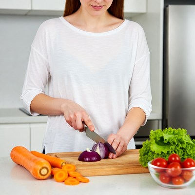 Woman chopping vegetables in kitchen