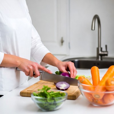 Woman chopping vegetables in kitchen
