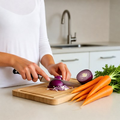 Woman chopping onions and carrots
