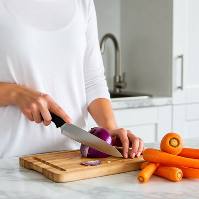 Woman chopping onion and carrots