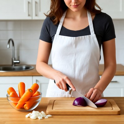 Woman chopping onion in kitchen