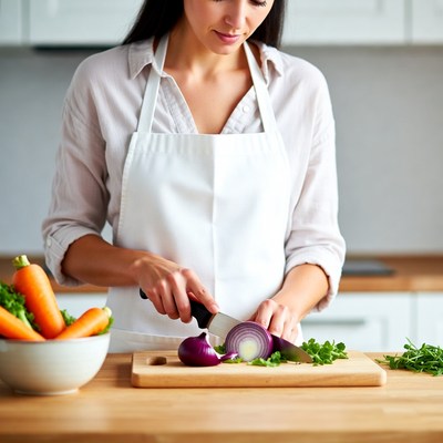 Woman chopping onion in kitchen