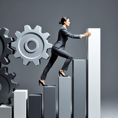 Businesswoman climbing graph with gears