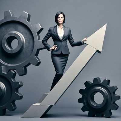 Business woman with gears and upward arrow
