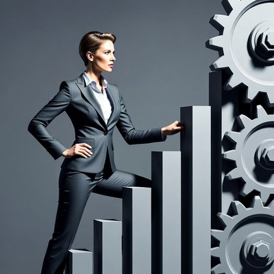 Businesswoman climbing graph with gears