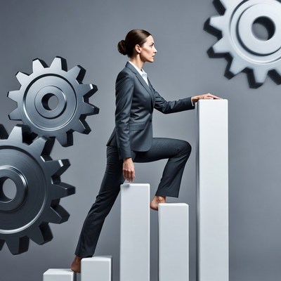 Businesswoman climbing steps with gears