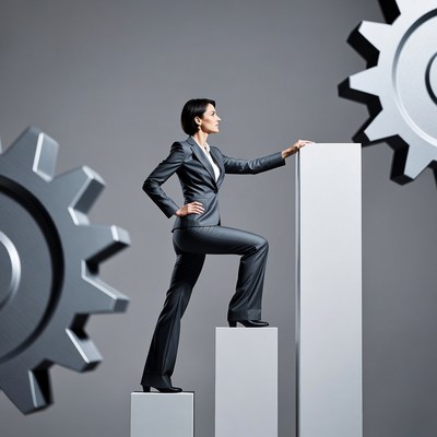 Businesswoman climbing graph with gears