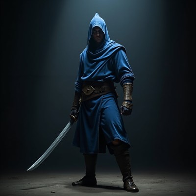 Man in blue hooded robe holding sword
