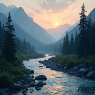 Mountain River Sunset with Pine Trees