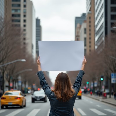 Woman holding blank sign in city street